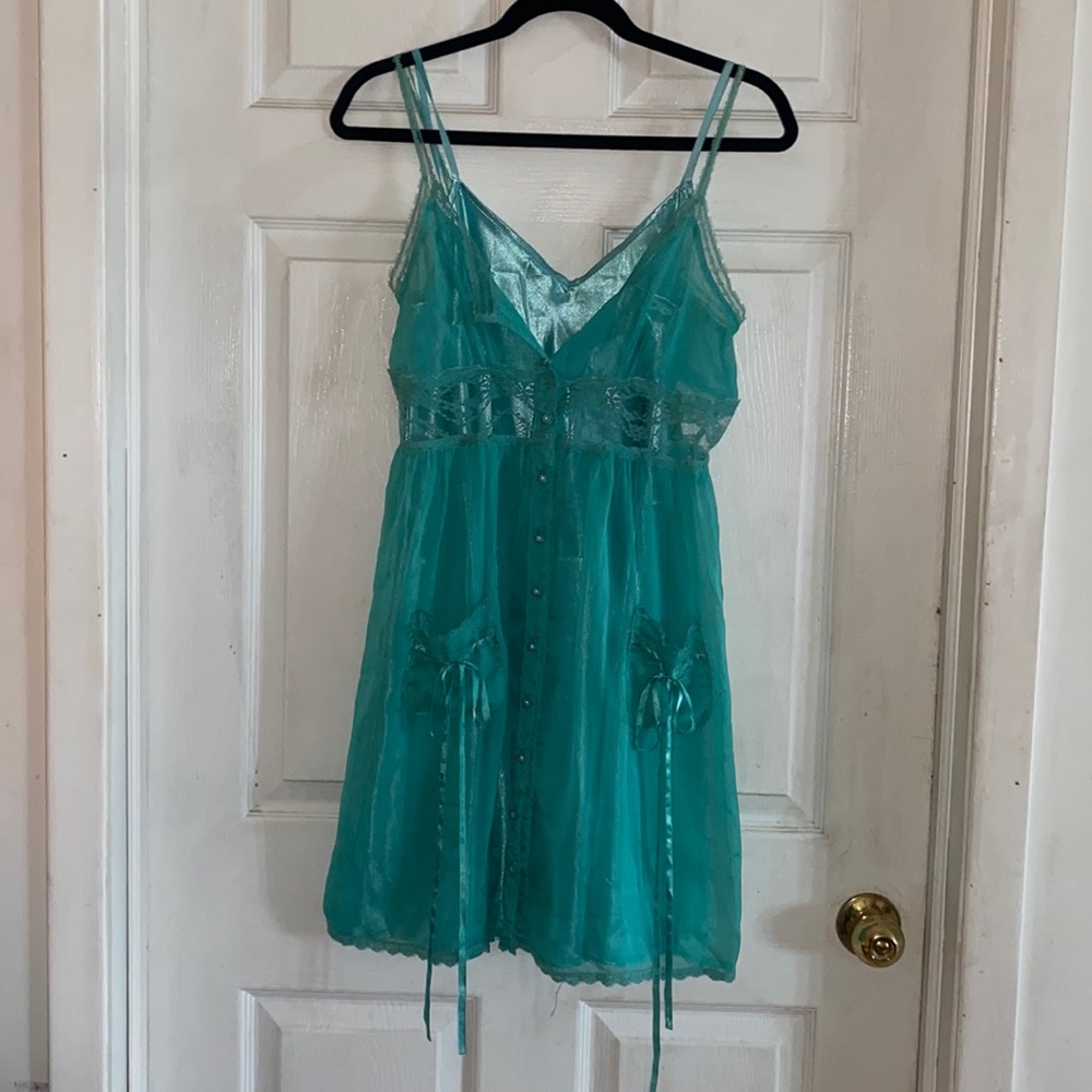 Aqua sheer overlay babydoll dress / satin slip